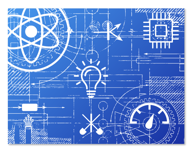 blueprint with quantum network icons