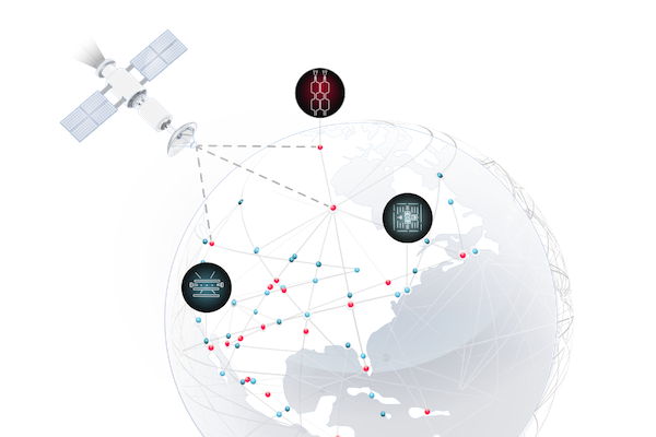 A quantum network is shown on a globe with entangled links